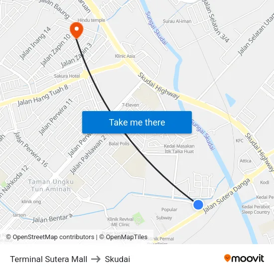 Terminal Sutera Mall to Skudai map