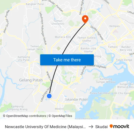 Newcastle University Of Medicine (Malaysia) to Skudai map