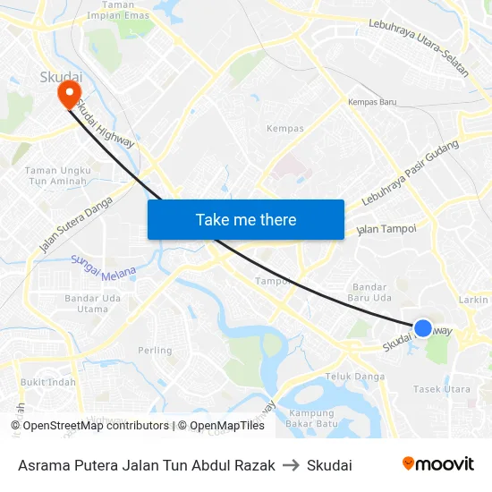 Asrama Putera Jalan Tun Abdul Razak to Skudai map