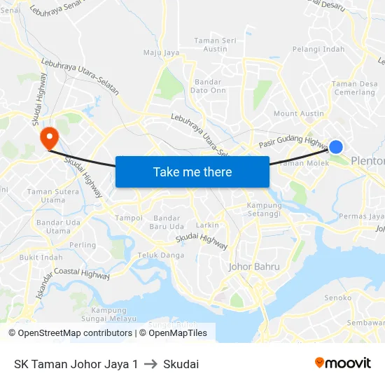 SK Taman Johor Jaya 1 to Skudai map