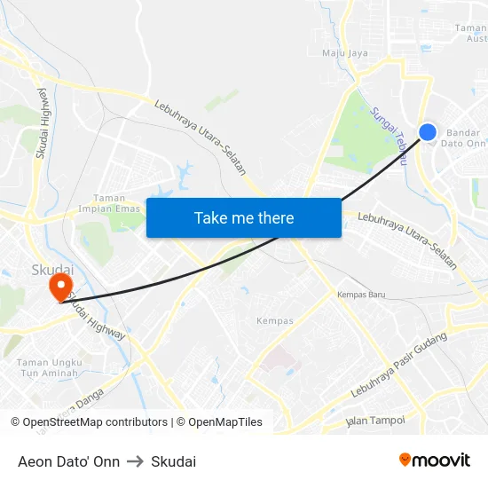 Aeon Dato' Onn to Skudai map