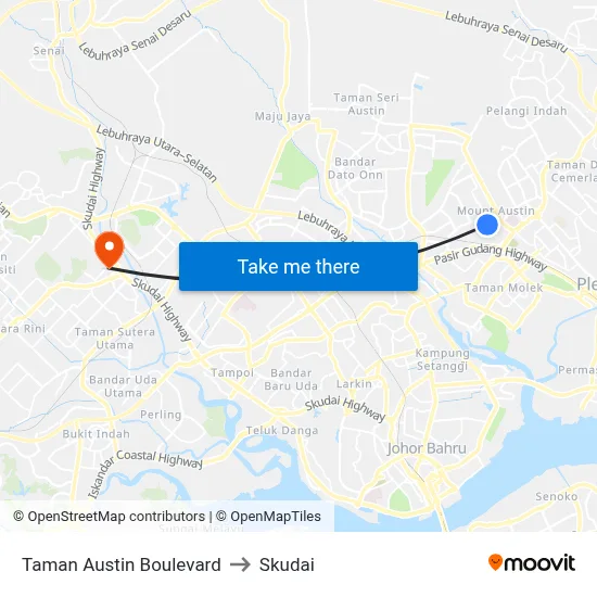 Taman Austin Boulevard to Skudai map