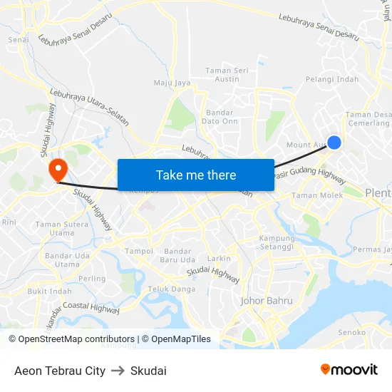 Aeon Tebrau City to Skudai map