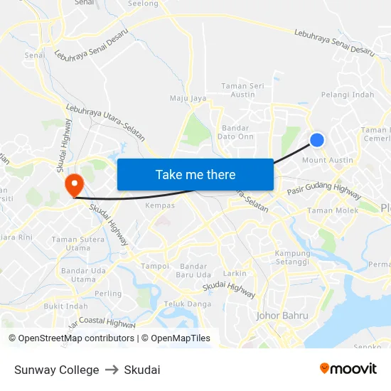 Sunway College to Skudai map