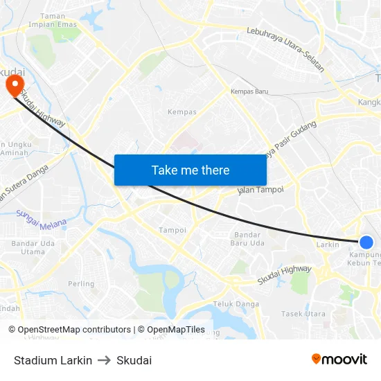 Stadium Larkin to Skudai map