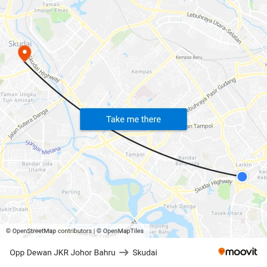Opp Dewan JKR Johor Bahru to Skudai map