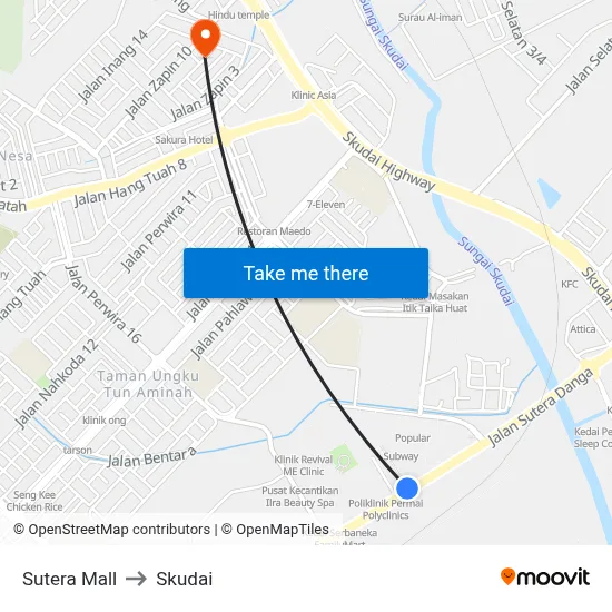Sutera Mall to Skudai map