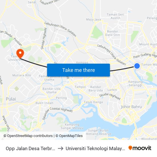 Opp Jalan Desa Terbrau to Universiti Teknologi Malaysia map