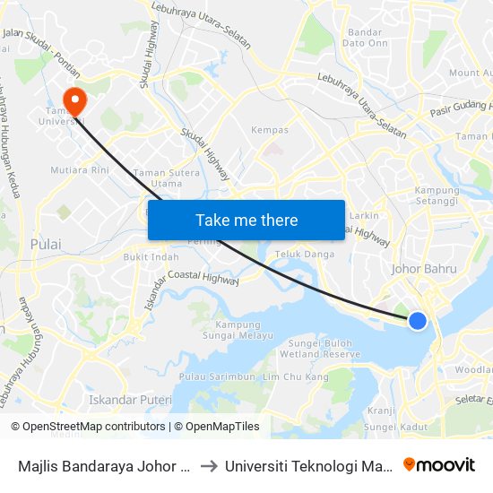 Majlis Bandaraya Johor Bahru to Universiti Teknologi Malaysia map