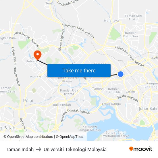 Taman Indah to Universiti Teknologi Malaysia map