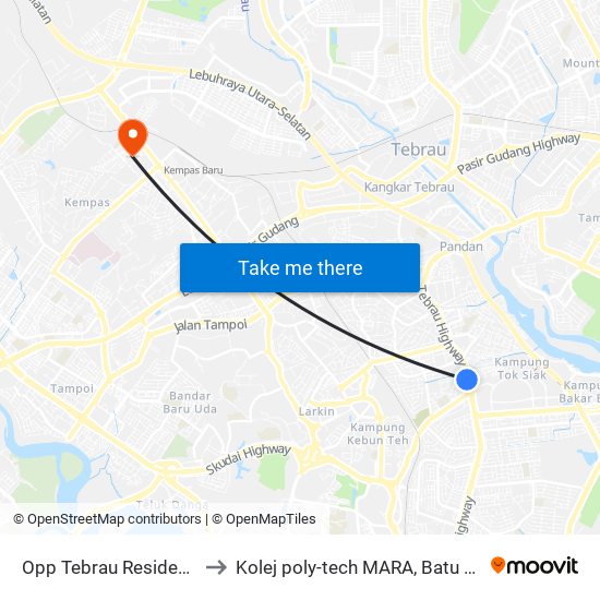 Opp Hospital Columbia to Kolej poly-tech MARA, Batu pahat map