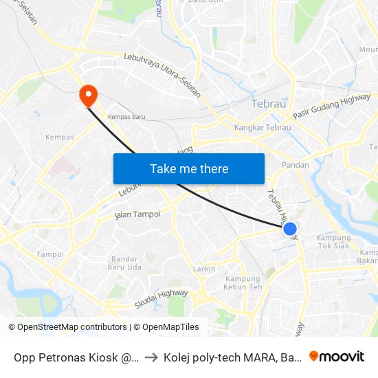 Opp Petronas Kiosk @ Tebrau to Kolej poly-tech MARA, Batu pahat map