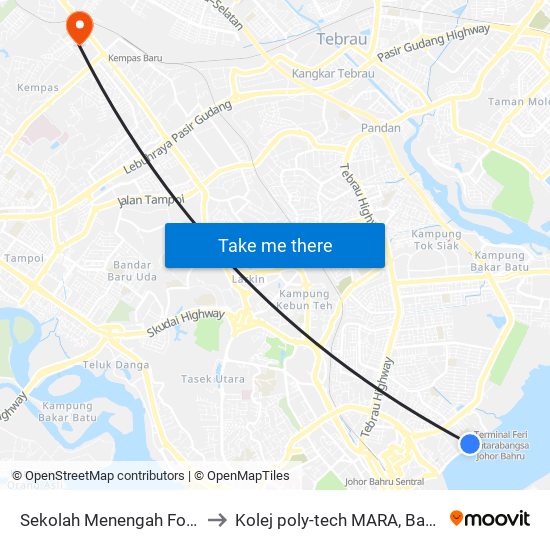 Sekolah Menengah Foon Yew to Kolej poly-tech MARA, Batu pahat map