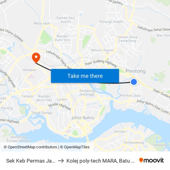 Sek Keb Permas Jaya 1 to Kolej poly-tech MARA, Batu pahat map