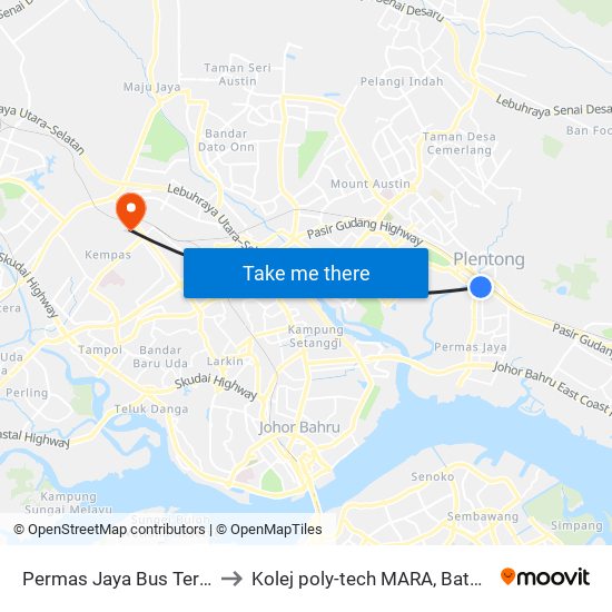 Permas Jaya Bus Terminal to Kolej poly-tech MARA, Batu pahat map