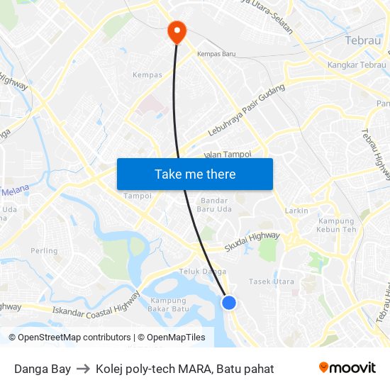 Danga Bay to Kolej poly-tech MARA, Batu pahat map