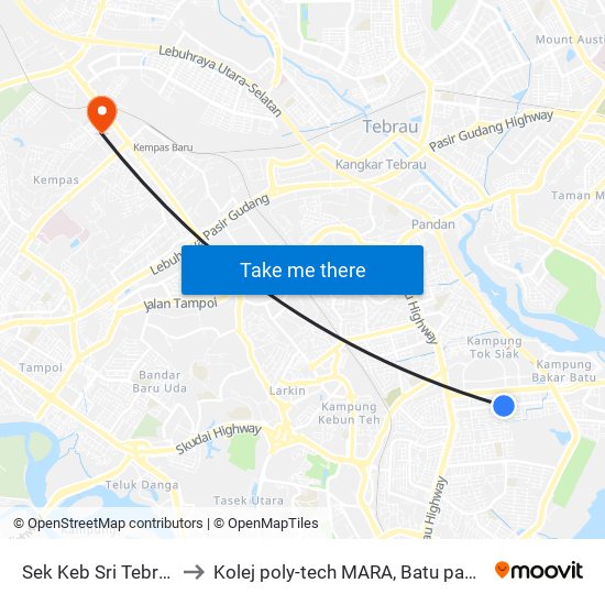 Sek Keb Sri Tebrau to Kolej poly-tech MARA, Batu pahat map