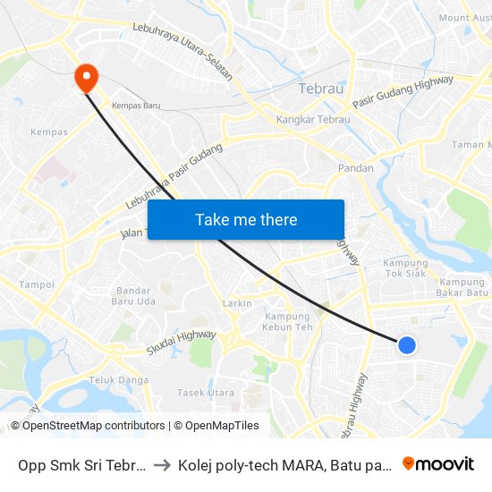 Opp Smk Sri Tebrau to Kolej poly-tech MARA, Batu pahat map