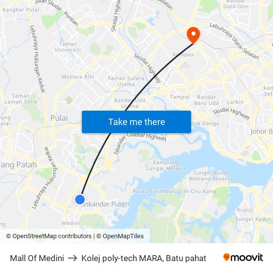 Mall Of Medini to Kolej poly-tech MARA, Batu pahat map