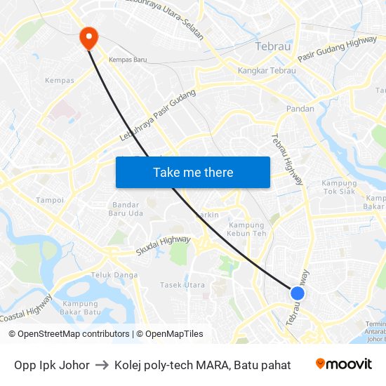 Opp Ipk Johor to Kolej poly-tech MARA, Batu pahat map