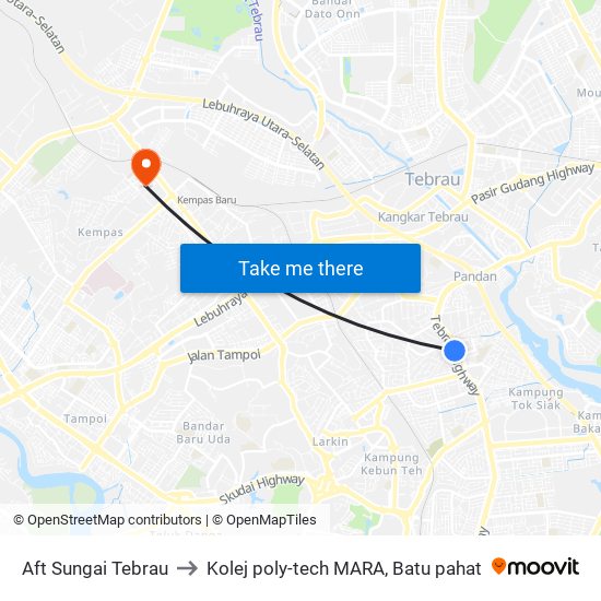 Aft Sungai Tebrau to Kolej poly-tech MARA, Batu pahat map