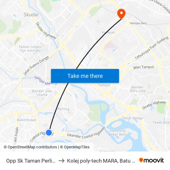 Opp Sk Taman Perling 3 to Kolej poly-tech MARA, Batu pahat map