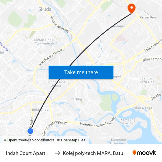 Indah Court Apartment to Kolej poly-tech MARA, Batu pahat map