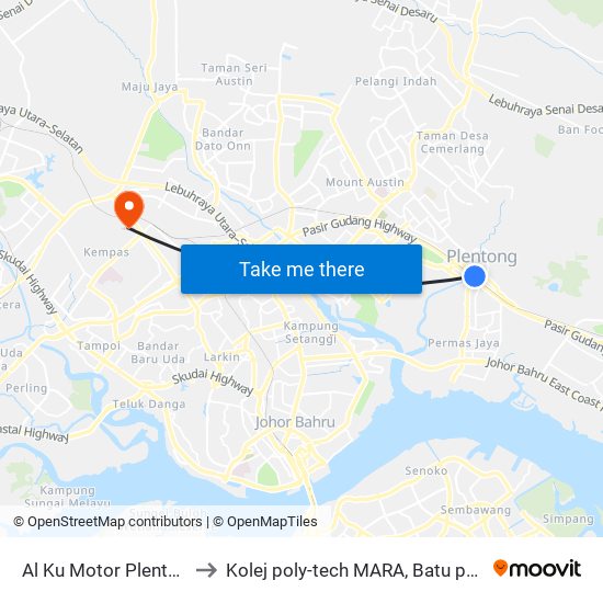 Al Ku Motor Plentong to Kolej poly-tech MARA, Batu pahat map