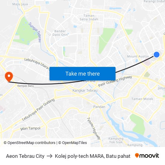Aeon Tebrau City to Kolej poly-tech MARA, Batu pahat map