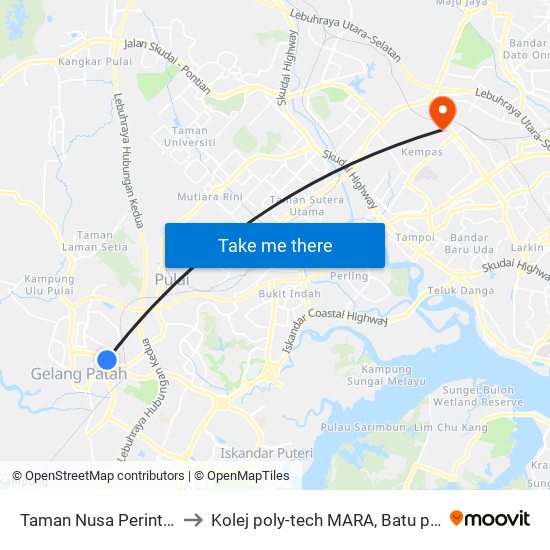 Taman Nusa Perintis 3 to Kolej poly-tech MARA, Batu pahat map