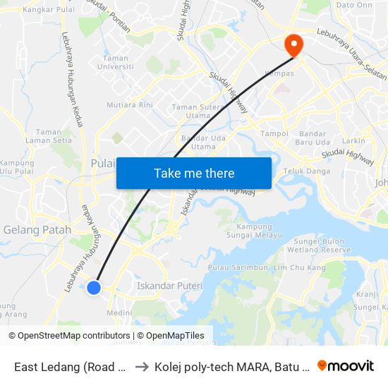 East Ledang (Road Side) to Kolej poly-tech MARA, Batu pahat map