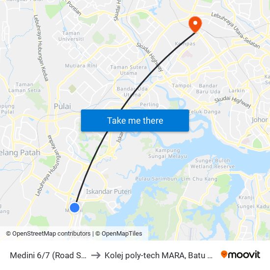 Medini 6/7 (Road Side) to Kolej poly-tech MARA, Batu pahat map