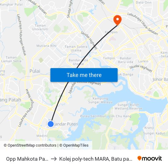 Opp Mahkota Park to Kolej poly-tech MARA, Batu pahat map