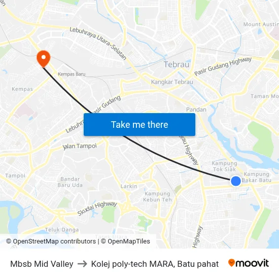 Mbsb Mid Valley to Kolej poly-tech MARA, Batu pahat map