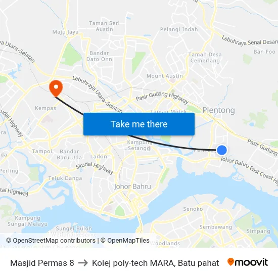 Masjid Permas 8 to Kolej poly-tech MARA, Batu pahat map