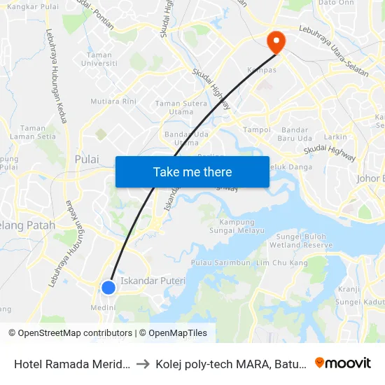 Hotel Ramada Meridin Jb to Kolej poly-tech MARA, Batu pahat map