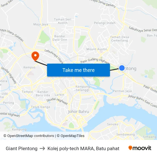 Giant Plentong to Kolej poly-tech MARA, Batu pahat map