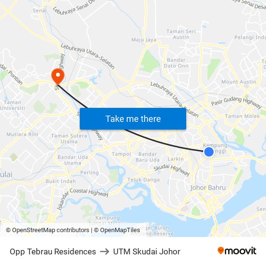 Opp Tebrau Residences to UTM Skudai Johor map
