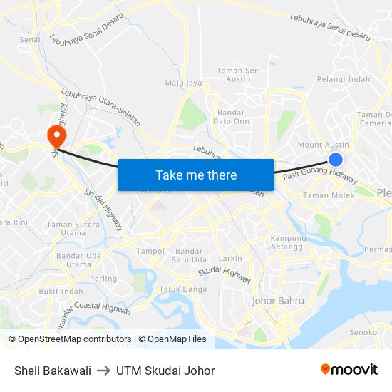 Shell Bakawali to UTM Skudai Johor map