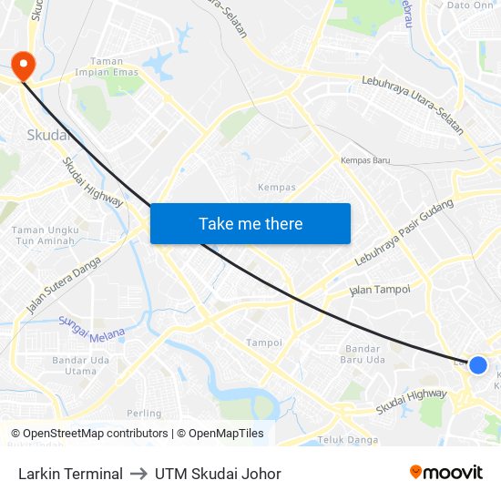 Larkin Sentral (46239) to UTM Skudai Johor map