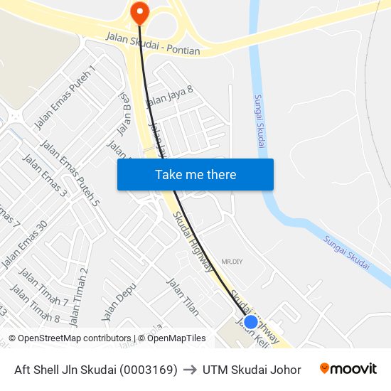 Pejabat Pos Skudai to UTM Skudai Johor map