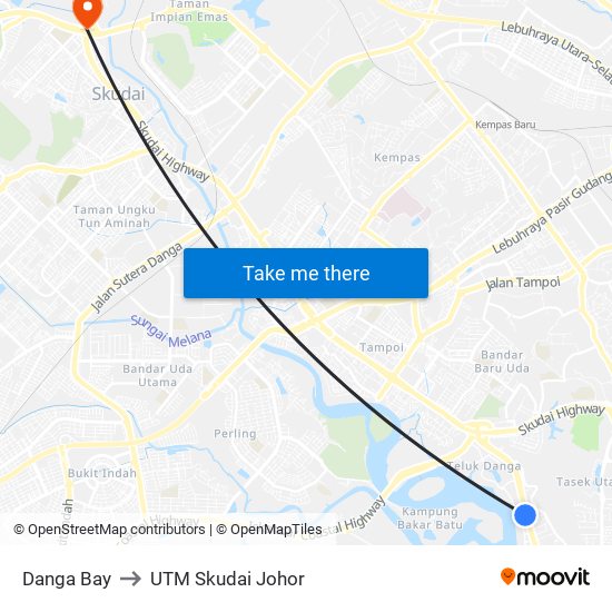 Danga Bay to UTM Skudai Johor map