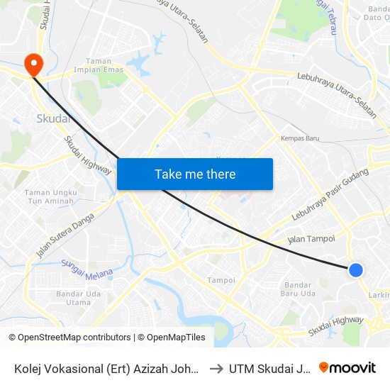 Kolej Vokasional (Ert) Azizah Johor Bahru to UTM Skudai Johor map