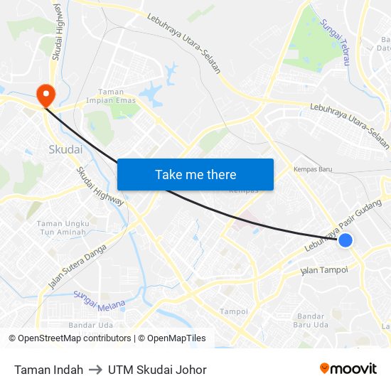 Taman Indah to UTM Skudai Johor map