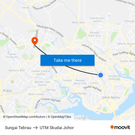 Sungai Tebrau to UTM Skudai Johor map