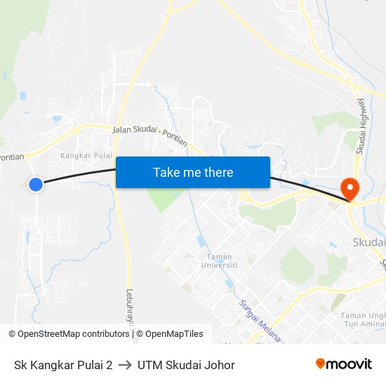 Sk Kangkar Pulai 2 to UTM Skudai Johor map