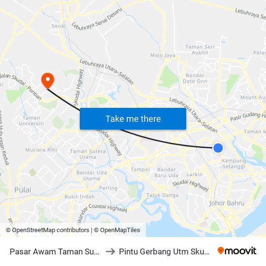 Pasar Awam Taman Suria to Pintu Gerbang Utm Skudai map