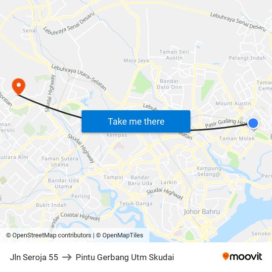 Jln Seroja 55 to Pintu Gerbang Utm Skudai map