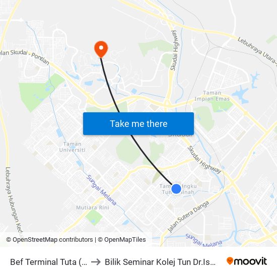 Bef Terminal Tuta to Bilik Seminar Kolej Tun Dr.Ismail, UTM Johor map