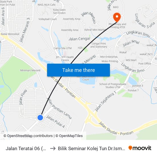 Jalan Teratai 06 (0004323) to Bilik Seminar Kolej Tun Dr.Ismail, UTM Johor map